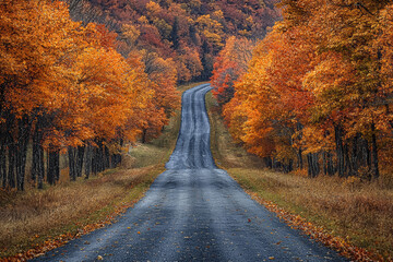 Wall Mural - a picturesque rural road lined with trees displaying their autumn foliage, leading into the distance