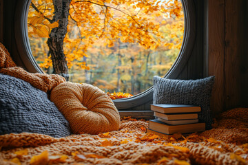 Sticker - A cozy reading nook with a warm throw blanket, a stack of autumn-themed books, and a window view of falling leaves. Concept of autumn relaxation and reading.