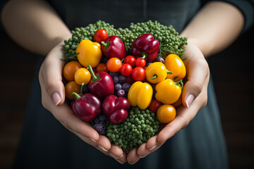 Sticker - Hands holding a heart-shaped model made of fruits and vegetables. Concept of nutrition and heart health. Generative Ai.