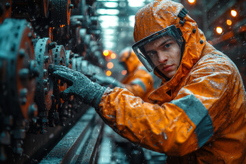 Workers in protective gear operating heavy machinery in a steel plant, highlighting safety and industrial production. Concept of metalworking and workplace safety.