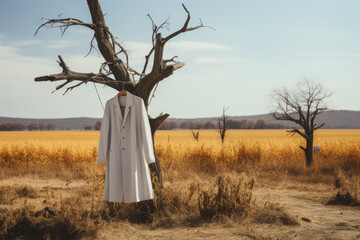 Poster - A doctor's white coat hanging on a scarecrow in a field. Concept of rural healthcare. Generative Ai.