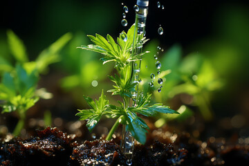 Sticker - A syringe with a green liquid being injected into a wilted plant. Concept of medical advancements in botany. Generative Ai.