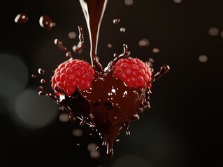 Poster - in a dark room there is a raspberry-heart hanging, a wave of chocolate hits splashes of chocolate