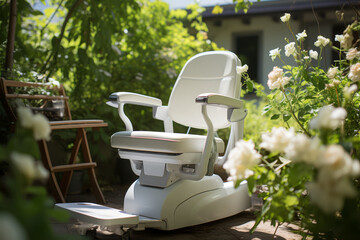 Canvas Print - A dentist’s chair in a blooming garden. Concept of holistic dental care. Generative Ai.