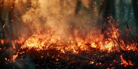 Canvas Print - Close up of a forest wildfire during daytime with selective focus