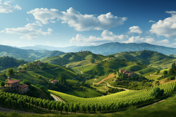 Canvas Print - A peaceful vineyard with rolling hills. Concept of countryside paradise. Generative Ai.