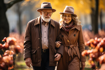 Poster - An elderly couple holding hands while walking in a park. Concept of lifelong commitment. Generative Ai.