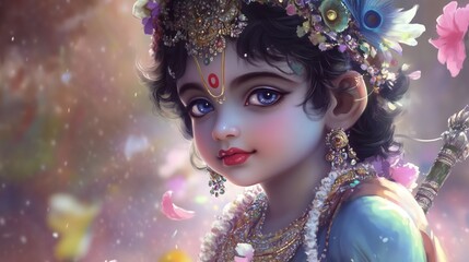 Divine Gaze of Little Krishna: A captivating digital portrait of Lord Krishna as a child, adorned with flowers and jewels, his enchanting blue eyes radiating love and divinity. 