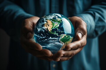 Wall Mural - a pair of hands holding the earth. concept of global responsibility. generative ai.