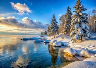 9. **Lake Huron's Frozen Shoreline**: Highlight the stillness of Lake Huron's frozen shoreline, with snow-covered trees and peaceful atmosphere