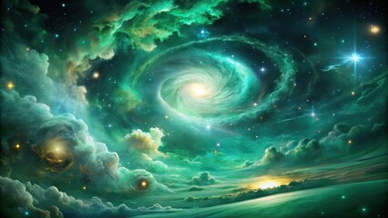 Vibrant emerald green celestial expanse adorned with swirling nebulae, glittering stars, and subtle wispy clouds, evoking a sense of mysticism and wonder in the cosmos.