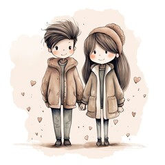 Wall Mural - Watercolor hand drawn trendy cartoon couple