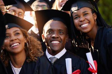 Poster - Graduation, achievement or group of students with certificate at university for education, opportunity or success. College, scholarship or happy people at campus with degree, milestone or diploma