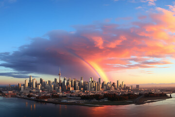 Wall Mural - A rainbow forming over a cityscape. Concept of beauty after the storm. Generative Ai.