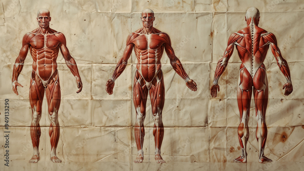 Detailed muscular system illustration on aged paper. Three views of ...