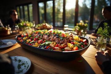 Wall Mural - A family sharing a meal around a large table. Concept of unity and tradition. Generative Ai.