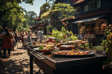 Canvas Print - A neighborhood barbecue with families mingling. Concept of community and togetherness. Generative Ai.