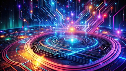 Vibrant, intricate vector illustration of coding concepts, swirling computer circuits, and abstract data streams in a futuristic, neon-lit digital landscape.