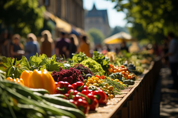 Wall Mural - A crowded farmers' market on a sunny day. Concept of local commerce and fresh food. Generative Ai.