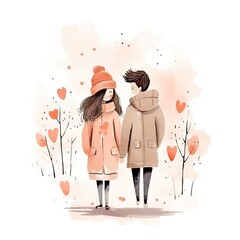 Wall Mural - Watercolor hand drawn trendy cartoon couple