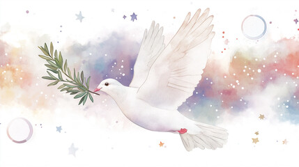 Watercolor illustration, a white dove with elegant wings and soft feathers soars through sky, symbolizing peace and love as it flies gracefully, embodying the gentle beauty of this cherished bird.