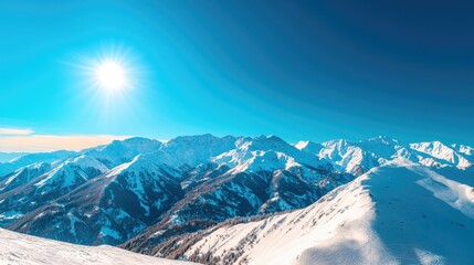 Breathtaking snowy mountain landscape under a bright blue sky, showcasing the tranquility and beauty of winter nature.