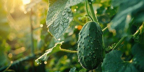 Wall Mural - Organically Grown Fresh Cucumber on a Private Garden Bush