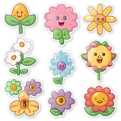 sticker set of cute cartoon flowers icon, white background, vector art illustration clipart