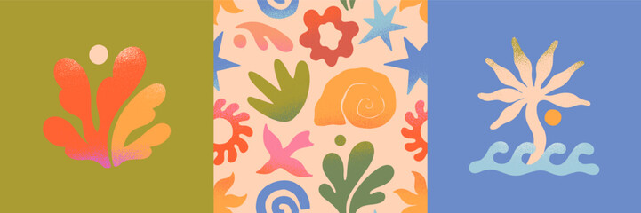Wall Mural - vector summer cards.nature elements and artistic seamless pattern.hand drawn palm,sun,coral,seashell