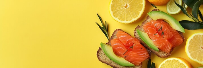 Aufkleber - This vibrant breakfast includes avocado toast topped with salmon, accompanied by fresh citrus fruits, all set against a cheerful yellow backdrop. Generative AI