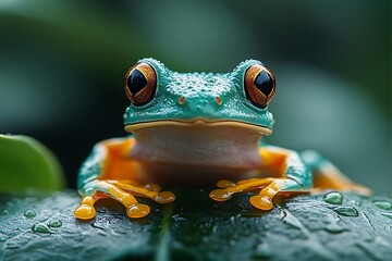 A rainforest frog on a leaf with soft light, showcasing vibrant jungle life.