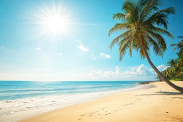 Wall Mural - Serene Tropical Beach Scene with Palm Trees, Clear Blue Sky, and Calm Ocean Waves Under the Bright Sun, Perfect for Travel Marketing and Vacation Brochures