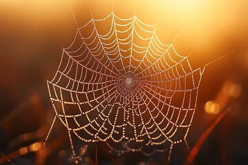 A spider web adorned with dew, glistening in the morning sun.