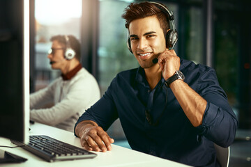 Poster - Man, smile and tech in call center for portrait, telemarketing or customer service. Consultant, headset or contact in office for IT support, communication or digital sales at help desk or company FAQ