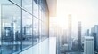 © 为轩 张 - Panoramic view of a modern office building with glass walls and contemporary architecture against a cityscape, featuring clear skies and soft lighting for a futuristic feel.