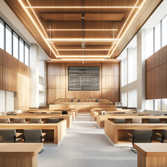 Wall Mural - Modern Conference Room with Wooden Paneling and LED Lighting