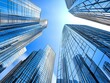 © 为轩 张 - Ground-up perspective of modern skyscrapers with glass facades against a blue sky, showcasing a futuristic urban landscape with realistic shadows, reflections, and high-definition detail.