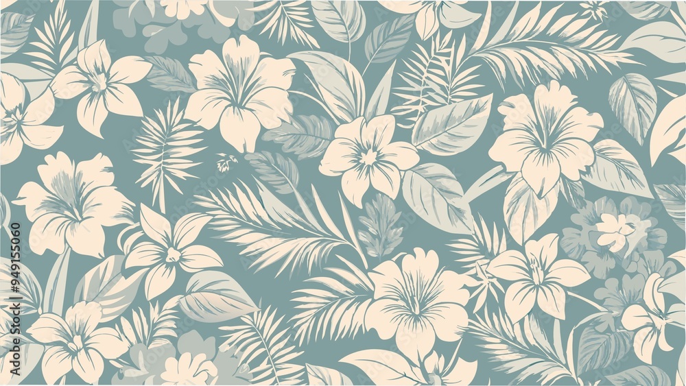Seamless pattern of tropical flowers and leaves against a vibrant blue ...