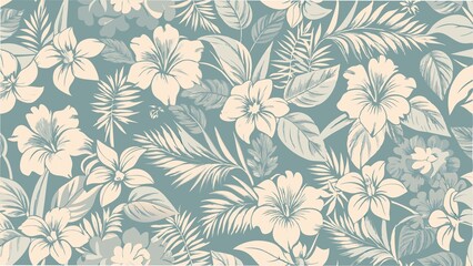 seamless pattern of tropical flowers and leaves against a vibrant blue background, showcasing vivid 