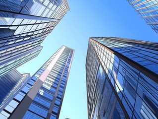 Ground-up perspective of modern skyscrapers with glass facades against a blue sky, showcasing a futuristic urban landscape with realistic shadows, reflections, and high-definition detail.