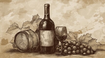 Vintage Wine Illustration with Barrel