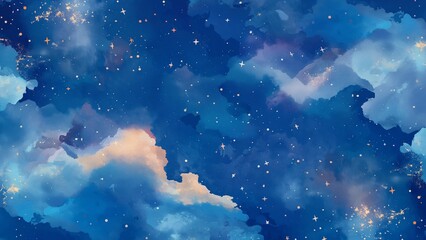 Wall Mural - watercolor painting texture background of night sky with clouds and stars