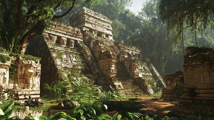 Ancient Mayan ruins in the jungle, with stone temples and carvings reflecting the architectural brilliance of the Maya tribe.