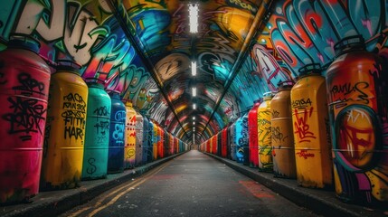 Wall Mural - Colorful Graffiti Adorns Tunnel Walls in Bright Hues