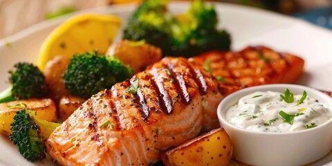 Wall Mural - Grilled salmon accompanied by potatoes broccoli and a tangy yogurt sauce