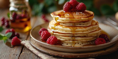 Canvas Print - Cottage cheese pancakes on a rustic wooden table Traditional Shrovetide treat