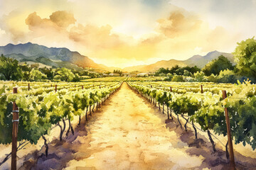 Wall Mural - Watercolor illustration of a scenic vineyard landscape with a farmer tending to the vines, set against rolling hills under a partly cloudy sky.