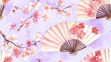 Wall Mural - Beautiful watercolor pattern featuring fans and cherry blossoms on a soft lavender background, perfect for elegant designs.