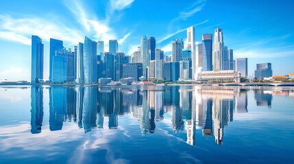 Wall Mural - A stunning skyline reflects on serene waters. Modern skyscrapers rise high under a bright blue sky. This image captures urban beauty and tranquility. Perfect for city-themed projects. AI