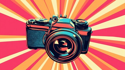 Canvas Print - Vibrant design of a vintage camera with rays of light radiating from the lens symbolizing creativity and focus